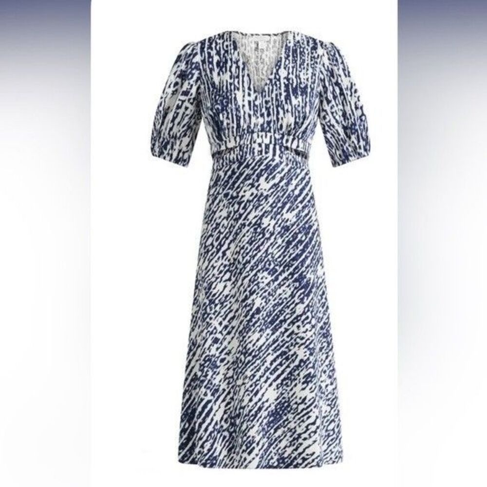 Sofia Vergara Satin Jaquard Blue White Midi Sundress Cutout Beach